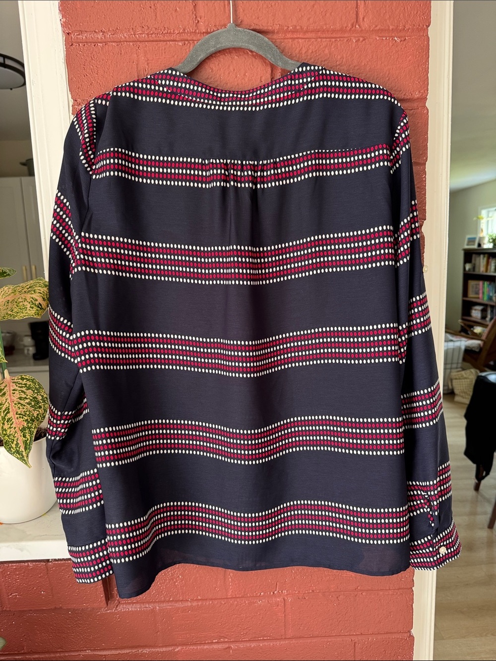 Banana Republic Navy Blouse with Red and White Dot Striped Pattern L - Picture 6 of 8